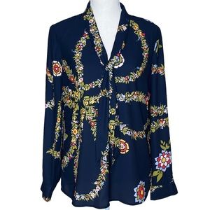 ModCloth Pleasant Confidence Tie Neck Black Floral Top Size M